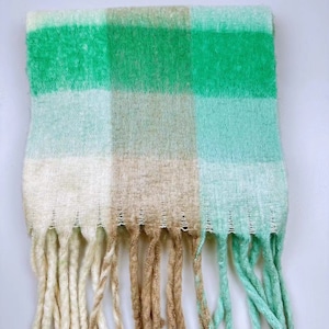 Mohair reversible scarf, fluffy blend winter scarf, rainbow plaid scarf, fringe plaid scarf, cozy scarf, shawl, Christmas gift Green