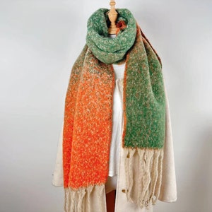 Mohair orange green patchwork scarf,winter warm scarf, thickened solid color shawl, Christmas gift, dress accessory，gift