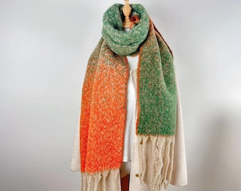 Mohair orange green patchwork scarf,winter warm scarf, thickened solid color shawl, Christmas gift, dress accessory，gift