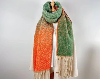 Mohair orange green patchwork scarf,winter warm scarf, thickened solid color shawl, Christmas gift, dress accessory，gift