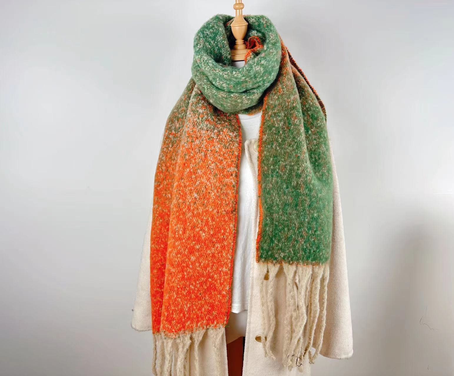 Mohair Orange Green Patchwork Scarf,winter Warm Scarf
