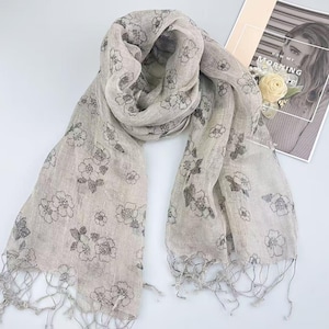 100% Natural Soft Linen Scarf, Lightweight Pure Linen Flower Scarves, Gift Linen Scarf for Women & Men