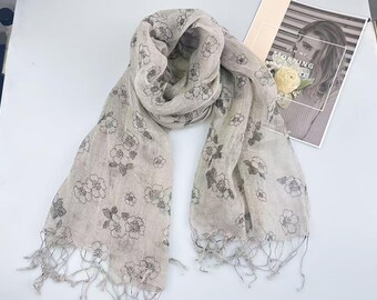 Natural Linen Flower Scarf, Lightweight Gauze, Women & Men