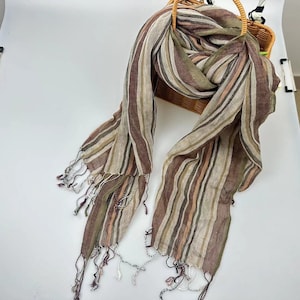 Linen brown striped scarf，linen gift for her,Cotton striped scarf