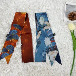 100% Mulberry Silk Skinny Scarf in ginkgo leaf Inspired Printed Bag Handle Hairband Ribbon Accessories blue red Silk Tie Scarf