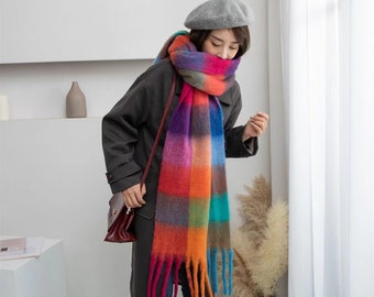 Mohair omkeerbare sjaal, pluizige mix wintersjaal, regenboog geruite sjaal, geruite sjaal met franjes, gezellige sjaal, omslagdoek, kerstcadeau