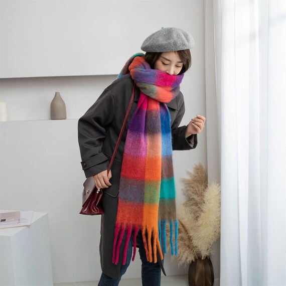 Mohair Reversible Scarf Fluffy Blend Winter Scarf Rainbow Plaid
