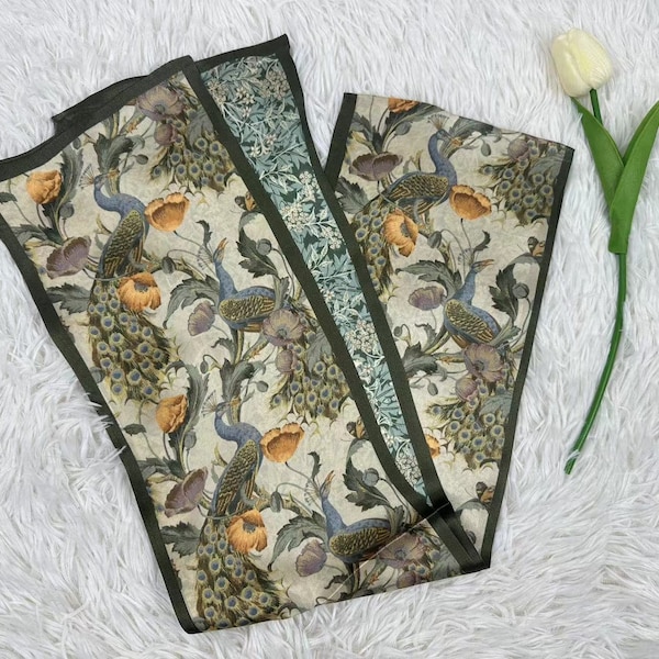 Mulberry Silk Long Scarf, Peacock Flowers Print, Vintage Style