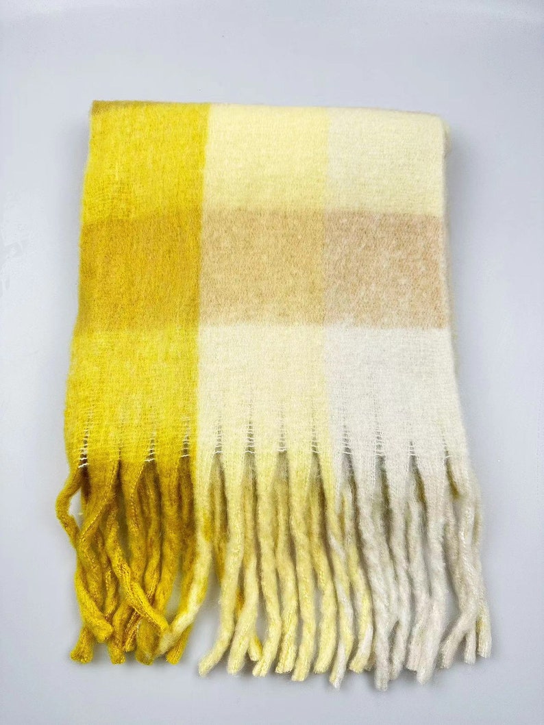 Mohair reversible scarf, fluffy blend winter scarf, rainbow plaid scarf, fringe plaid scarf, cozy scarf, shawl, Christmas gift Yellow