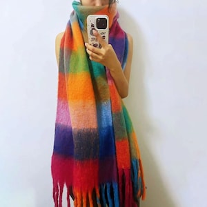 Mohair reversible scarf, fluffy blend winter scarf, rainbow plaid scarf, fringe plaid scarf, cozy scarf, shawl, Christmas gift image 1