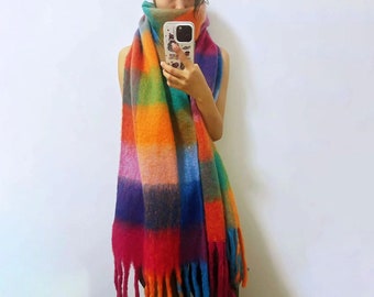 Mohair reversible scarf, fluffy blend winter scarf, rainbow plaid scarf, fringe plaid scarf, cozy scarf, shawl, Christmas gift