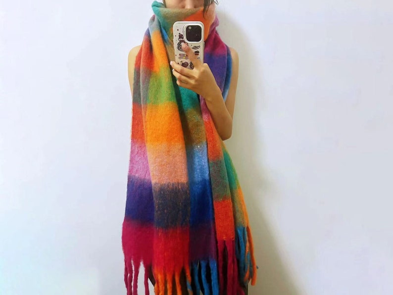 Mohair reversible scarf, fluffy blend winter scarf, rainbow plaid scarf, fringe plaid scarf, cozy scarf, shawl, Christmas gift image 1