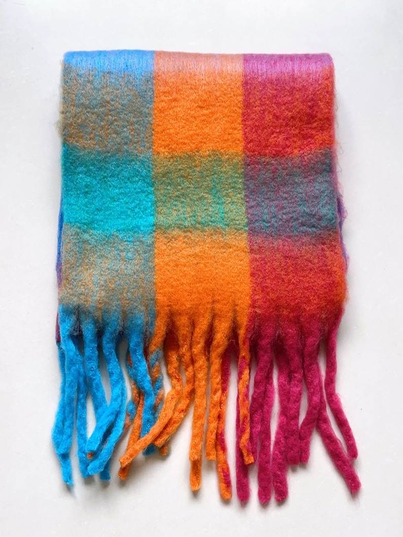 Bufanda reversible Mohair, bufanda de invierno de mezcla esponjosa, bufanda a cuadros arco iris, bufanda a cuadros con flecos, bufanda acogedora, chal, regalo de Navidad Rojo