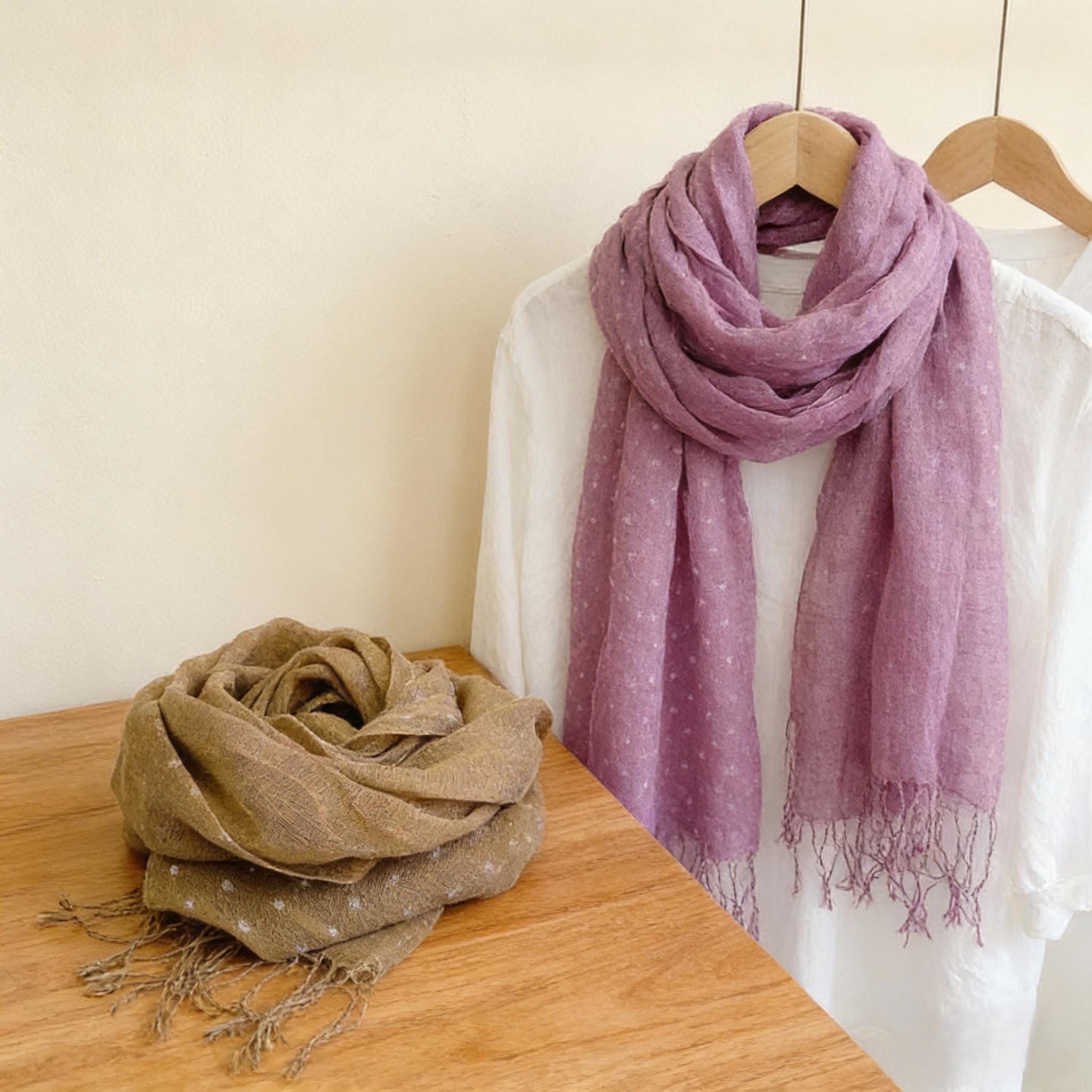 Handwoven Polka Dot Linen Scarf, Summer Travel Wrap, Green Purple