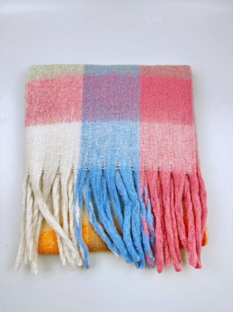 Mohair reversible scarf, fluffy blend winter scarf, rainbow plaid scarf, fringe plaid scarf, cozy scarf, shawl, Christmas gift Pink