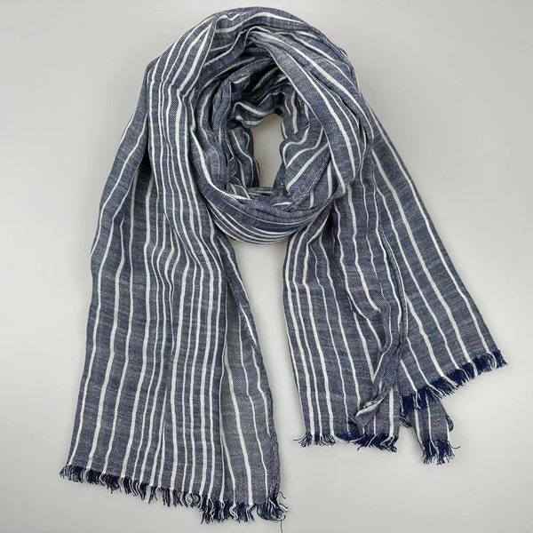 Striped Linen Cotton Scarf, Lightweight Unisex Shawl