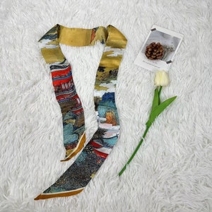 100% Mulberry Silk Skinny Scarf in Butterfly Flower Inspired Printed Bag Handle Hairband Ribbon Accessories blue yellow Silk Tie Scarf