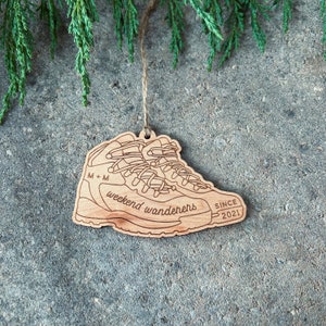 Custom / Couples Ornament | Hiking / Hiking Boots / Christmas Ornament | Solid Wood | Engraved