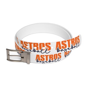 May include: White belt with a silver buckle and the words "ASTROS baseball" repeated in orange lettering.
