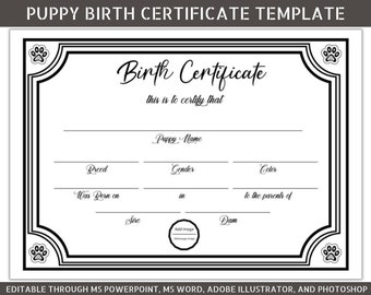 Puppy Birth Certificate Template: Pet Adoption Keepsake (Digital Download)
