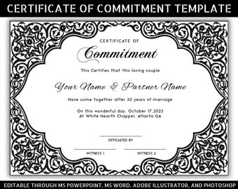 Editable Wedding Commitment Certificate Template (US Letter & A4)