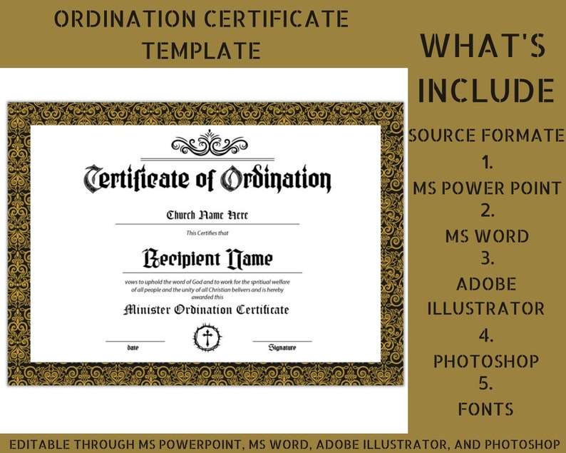 Editable Ordination Application Form Editable Certificate of Ordination: Church Ministry Template (digital ...