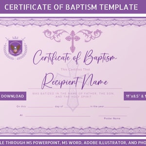 Plantilla editable de certificado de bautismo, certificado de bautismo, plantilla de certificado, recuerdo para la familia, bautismo personalizado del niño,