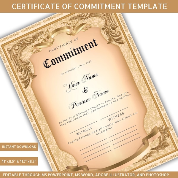 Commitment Certificate, Printable Certificate Of Commitment Template, Editable Commitment Ceremony Certificate,