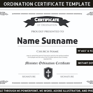 Ordination Certificate, Certificate of Ordination, Ordination of Women, Certificate for Ordained Minister, Deacon Ordination Certificate,