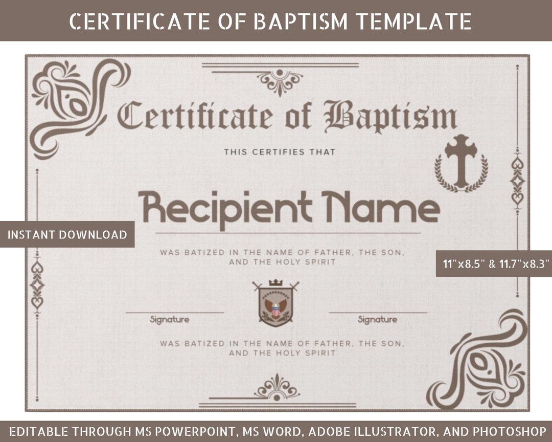 Baptism Certificate Template, Printable Certificate of Baptism, Certificates Template, Editable