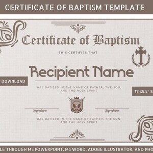 Plantilla de certificado de bautismo, certificado de bautismo imprimible, plantilla de certificados, plantillas de iglesia editables, descarga instantánea,