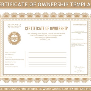 Certificado de Propiedad Personalizable, Transferencia de Título, Certificado de Propiedad Fraccionada con Certificado de Autenticidad,