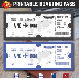 Puede incluir: Dos diseños de tarjetas de embarque imprimibles, uno gris y otro azul. Cada tarjeta muestra los detalles del vuelo: nombre del pasajero, número de vuelo, fecha y destino VNO a ROM. El texto "PRINTABLE BOARDING PASS" está en la parte superior.