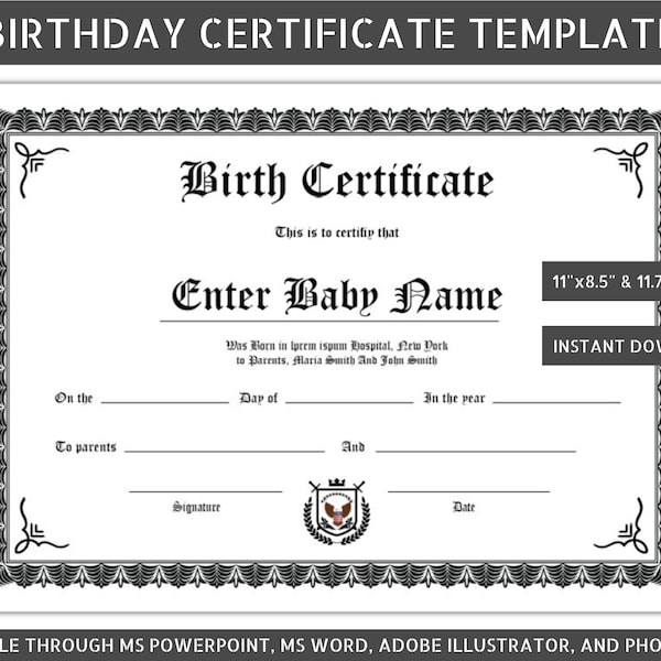 Minimalist Birth Certificate, Certificate of Birth, Printable Birth Certificate Template, Birthday Award, Birthday Gift Certificate,