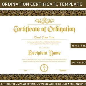 Editable Certificate of Ordination, Ordination Certificate Template, Deacon Ordination Certificate, Pastor Ordination Certificate,