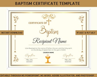 Op de afbeelding: Een afdrukbare doopcertificaat sjabloon met een gouden kruis en een bloemmotief. Het certificaat is bewerkbaar in Microsoft PowerPoint, Word, Adobe Illustrator en Photoshop. Het is verkrijgbaar in twee formaten: 11" x 8.5" en 11.7" x 8.3".