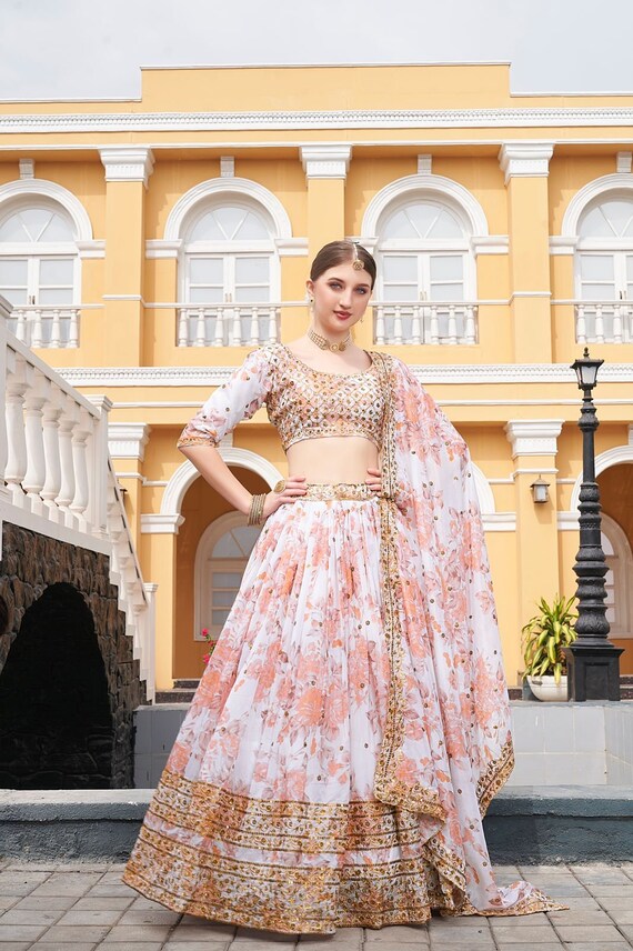 Arresting Off White Coloured Partywear Embroidered Dual Satin Lehenga