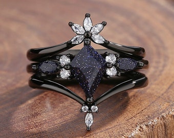 Blue Sandstone Rings Set for Women, Kite Cut Promise Rings