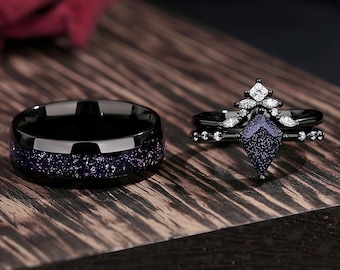 Blue Sandstone Nebula Couple's Ring Set, Wedding Anniversary Ring of 3