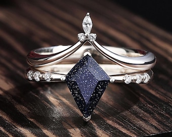Orion Nebula Ring Set, Blue Sandstone Engagement Rings, Celestial Jewelry