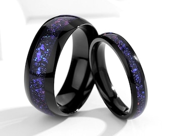 Galaxy Blue Sandstone Couple Rings – Black Matching Wedding Bands