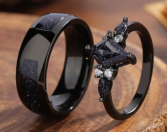 Ensemble de bagues nébuleuse d'Orion, bagues de promesse assorties pour couple, bague de fiançailles en grès bleu, cadeau d'anniversaire.