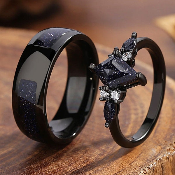 Conjunto de anillos de la Nebulosa de Orión, anillos de promesa a juego para parejas, anillo de compromiso de arenisca azul
