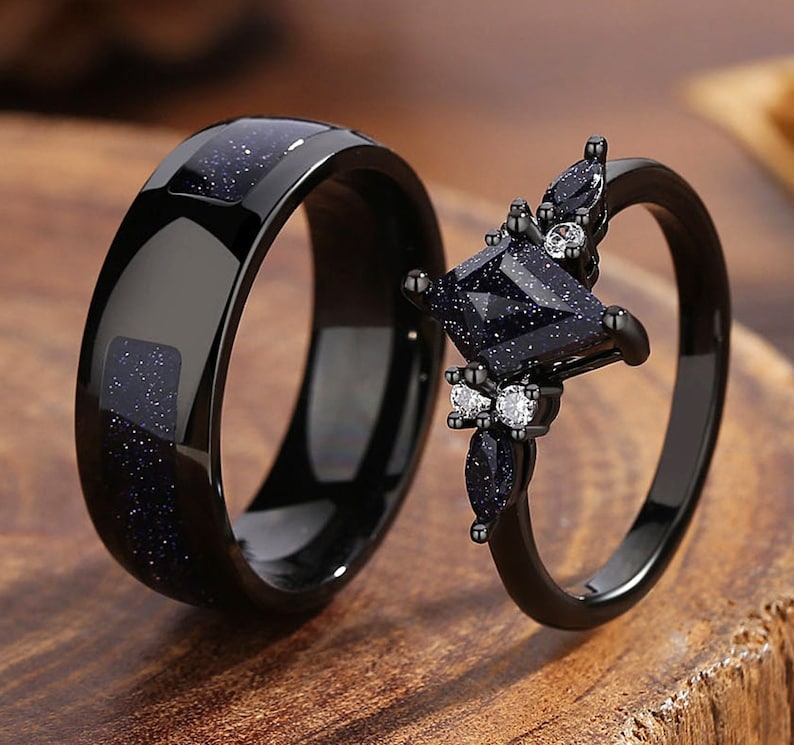 Orion Nebula Ring Set, Matching Promise Rings for Couples, Blue Sandstone Rings Engagement Ring Anniversary Gift. image 1