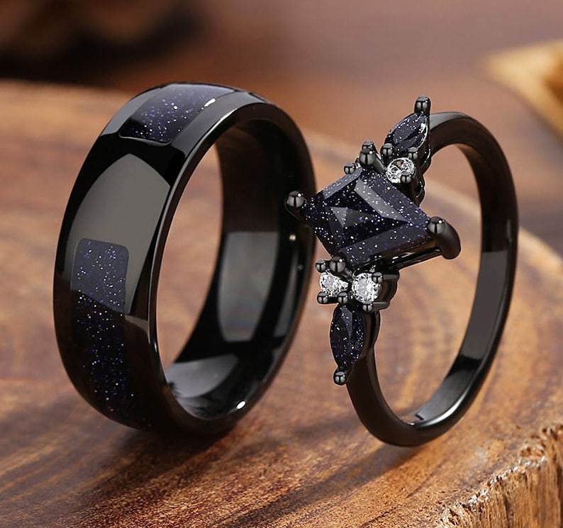 Ensemble de bagues nébuleuse d'Orion, bagues de promesse assorties pour couple, bague de fiançailles en grès bleu, cadeau d'anniversaire. image 1