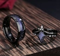 Matching Couple Rings Set – Blue Sandstone Nebula Inlay, Women's Enhancer Ring