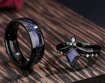 Nebula Couple's Rings, Blue Sandstone Wedding Band Set, Matching Promise Rings, Engagement & Anniversary Gift