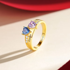 Personalized Heart Birthstone Ring, 2 Stone Engraved Names Ring, Family Ring for Mothers.
