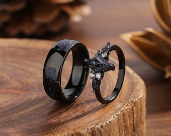 Women's Lab Blue Bright Stone Promise Ring Wedding Engagement Gift Black Gold Plated Sizes 6-10, 8