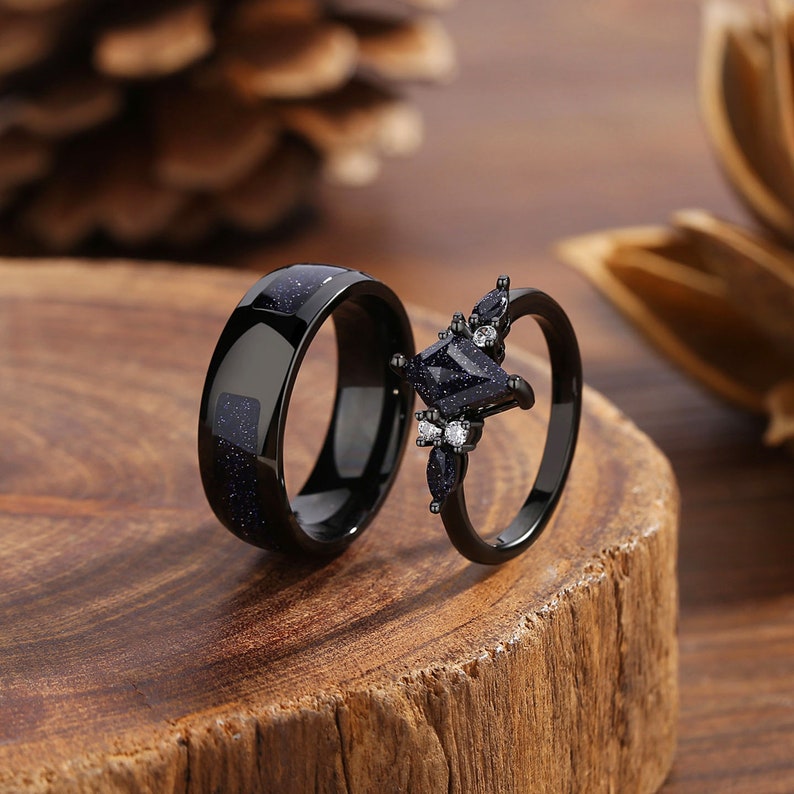 Orion Nebula Ring Set, Matching Promise Rings for Couples, Blue Sandstone Rings Engagement Ring Anniversary Gift. image 2